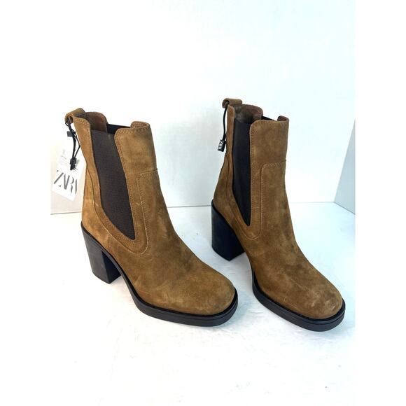 NWT Zara Brown Suede Chelsea High Block Heel Pull Tab Slip On Ankle Boots Sz 6.5 - Picture 2 of 10